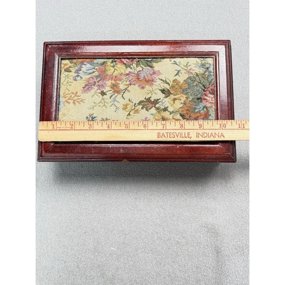 Jewelry Box Wooden Vintage w/Floral Tapestry Top